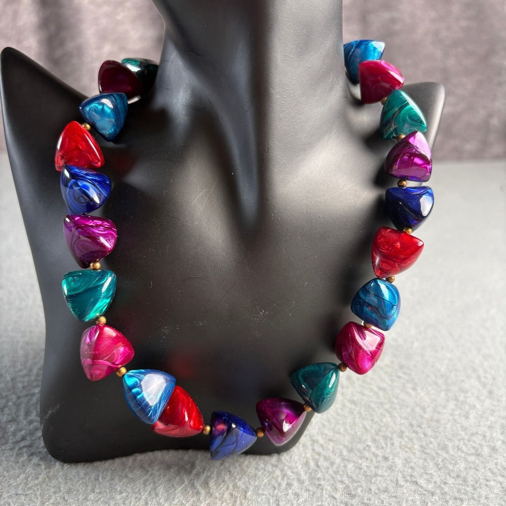 Vintage Jewel Tone Chunky Triangle Bead Necklace Multicolored 18 Inch